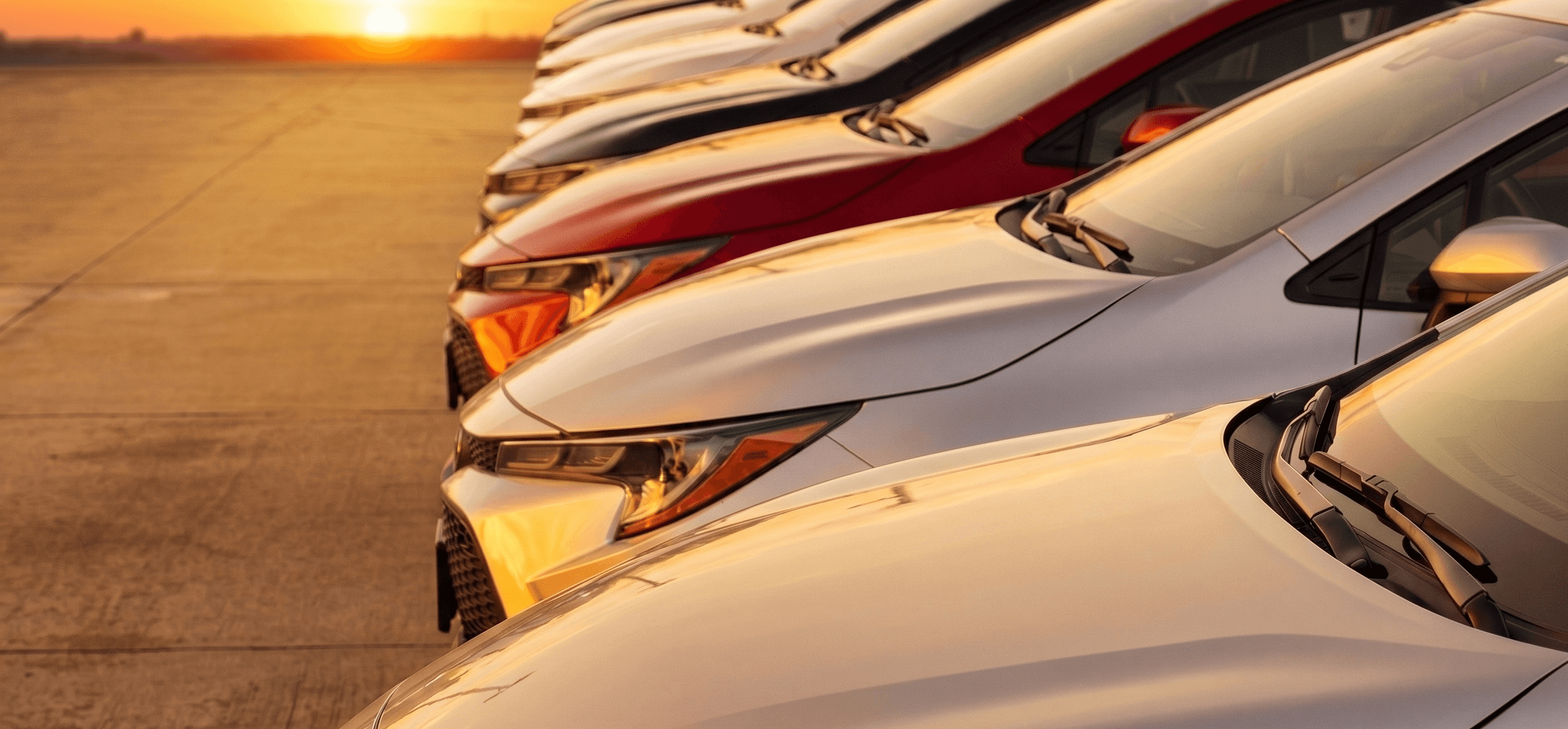 Fleet of vehicles lined up at sunset